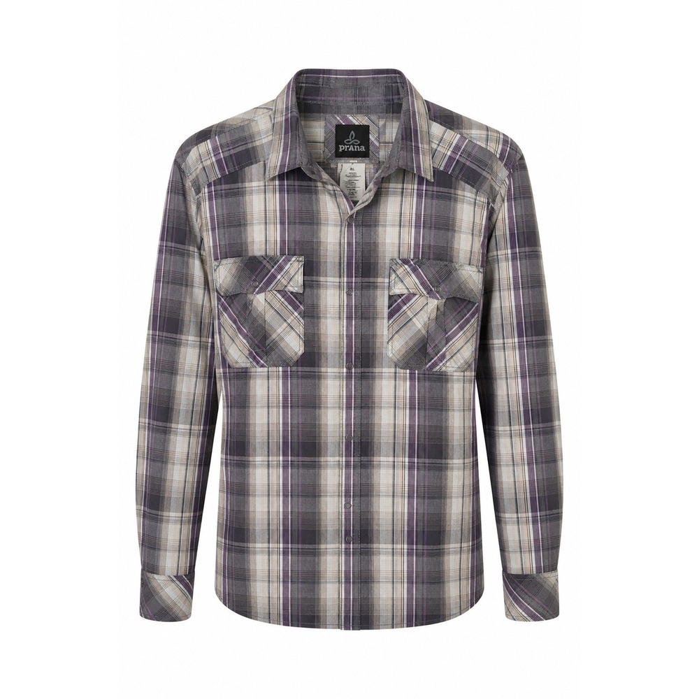 prAna Mens XL Plaid Button Front Shirt Purple Gray Beige Long Sleeve Outdoor